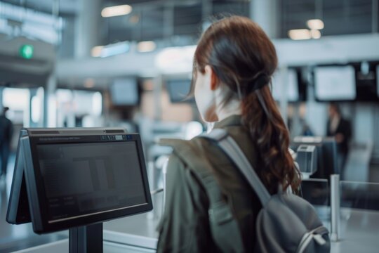 Rear view of a woman using self-service kiosk in an airport check-in area.