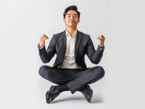 Confident businessman in a yoga pose, sitting on the floor with a smile, showcasing success and professionalism in a relaxed office environment