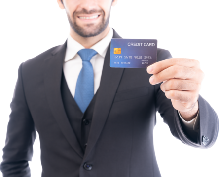 A confident businessman in a suit extends a credit card, implying trustworthiness and financial dealings.
