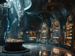 Futuristic lab amidst ancient runes where science meets Norse legends and fairy tale magic