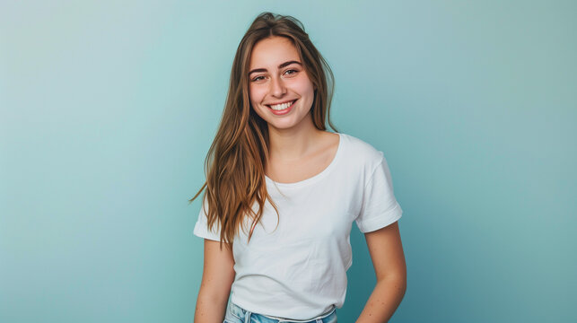 Young happy woman wearing white t-shirt