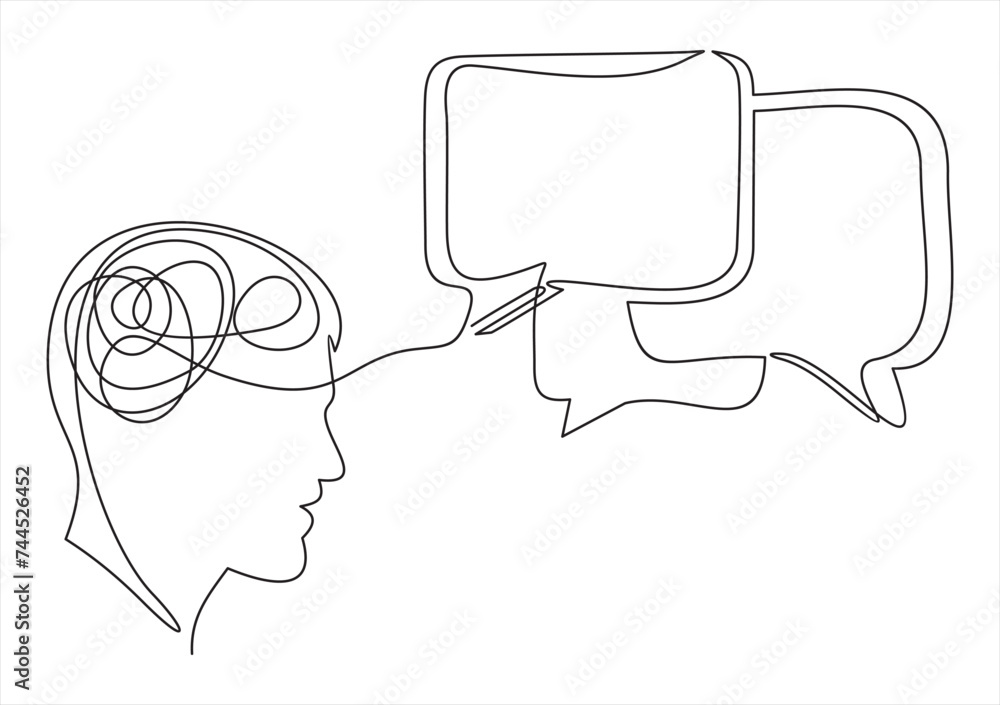 Poster continuous line drawing of head of a man with speech bubble is drawn by a single black line on a whi