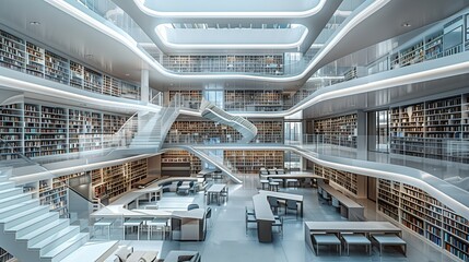 Modern Library, rows of books at a library, Bookshelves in the library. Large bookcase with lots of books.