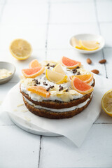 Homemade chocolate cake with citrus cream