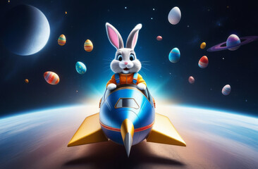 Cartoon Easter Bunny in space suit Takes a Space Adventure. Adorable futuristic Bunny astronaut collect holiday eggs from sky