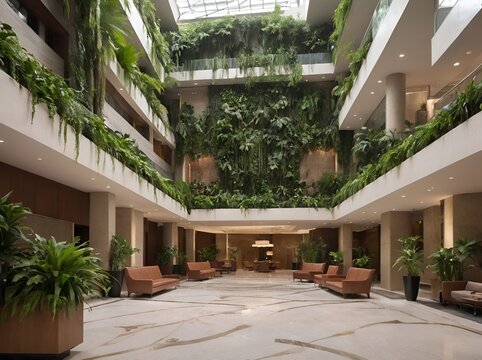 The interior has a lot of greenery in the lobby
