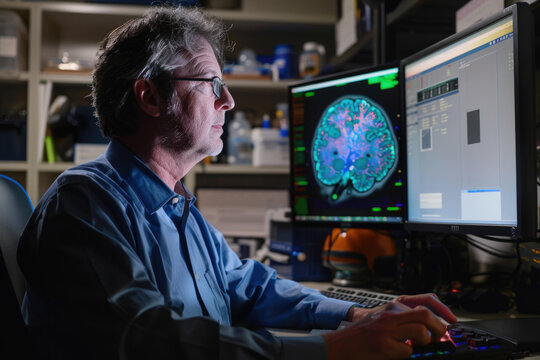 Elderly researcher evaluating complex brain imaging data on a high-resolution monitor.