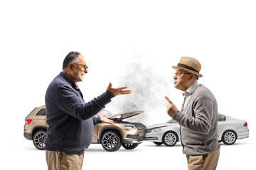 Mature men having an argument after a car accident - obrazy, fototapety, plakaty