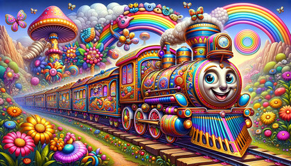 Colorful train ride through a vibrant fantasy landscape - obrazy, fototapety, plakaty