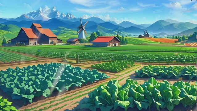 beautiful views of vegetable plantations with panoramic views of the beauty of the mountains, in anime or cartoon style, seamless looping 4k time-lapse animation video background