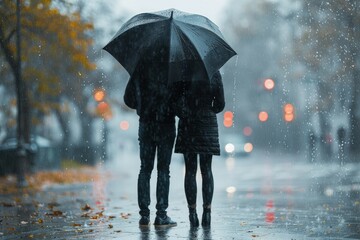 A couple standing under an umbrella in the rain, international kissing day image