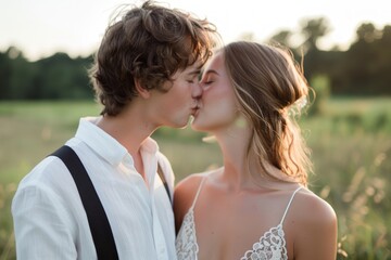 Young couple deeply in love showing affection, cute kiss photo
