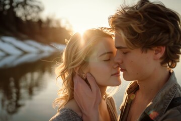 Close up shot of young caucasian couple in love about to kiss by a lake with sun flaring, passionate kiss pic