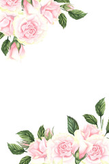 Floral watercolor illustration. Botanical composition of roses for a wedding or greeting card. Hand drawn isolated on white background. Rectangle