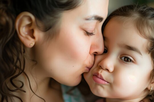 A mother kisses her daughter lovingly at home, cute kiss photo