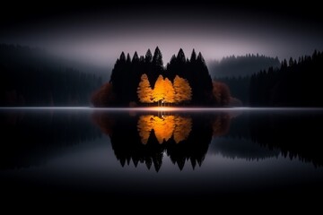 A serene and picturesque view of a misty lake enveloped by the soft light of dawn or twilight. At the heart of the scene is a small islet of trees, their autumn leaves glowing with a golden hue - obrazy, fototapety, plakaty