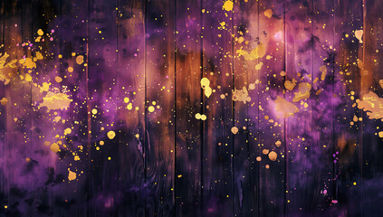 colorful and gold paint splashes on wooden background