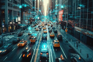 Conceptual city traffic with integrated cyber information in downtown New York - obrazy, fototapety, plakaty