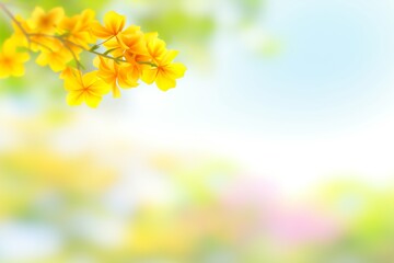 An image of a delicate branch with bright yellow flowers set against a soft, spring-themed bokeh background, creating a tranquil and cheerful atmosphere. The image captures the essence of spring with