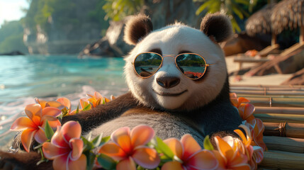 Relaxed panda character in sunglasses and a Hawaiian lei lounging on a beach chair	

