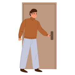 People opening doors, entering, exiting home. Leaving home, come back to office. Open close doors