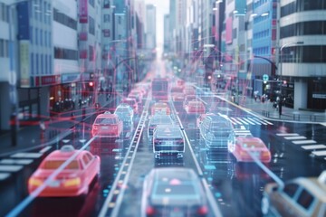 Futuristic city street visualizing smart cars and connectivity in an urban setting with vibrant colors