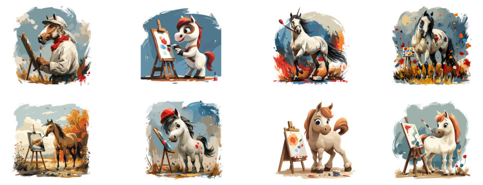 Horse vector. Painter Horse Creating Masterpiece, Artistic Equine Vector Design.  animal cartoon character illustration set