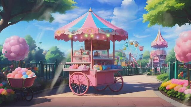 cotton candy cart at the playground in anime or cartoon style, seamless looping 4k time-lapse animation video background