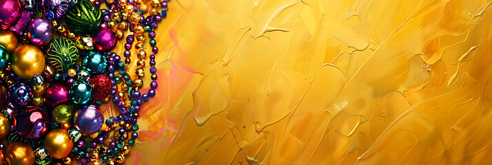 colorful mardi gras beads on a yellow background in t