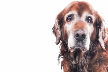 A heartwarming high-resolution portrait of a senior Golden Retriever, featuring its soulful eyes and wise expression against a pure white background. This image captures the timeless beauty and