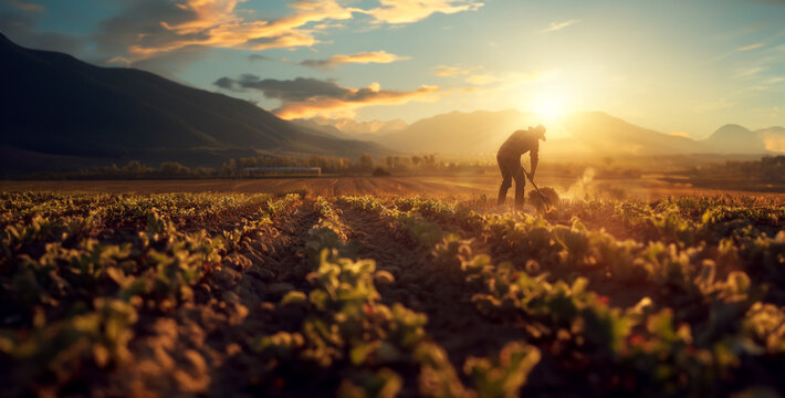 a dedication of a farmer tending to crops in a sunlit field, cultivating the land and ensuring a bountiful harvest realistic photography High-resolution 