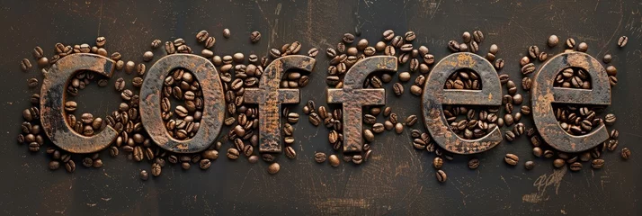 Foto op Canvas The word 'COFFEE' spelled out with rusty metal letters and surrounded by coffee beans. © vasanty