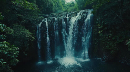 An aerial glimpse into a secluded waterfall hidden within a tropical jungle. - obrazy, fototapety, plakaty