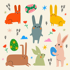 Vector illustration set with easter bunny and eggs. Stars and flowers. Spring animal rabbit collection, sticker pack template, greeting card elements
