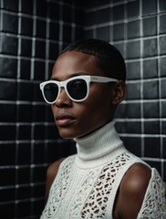 Woman model with cool haircut, in a white turtleneck dress and large sunglasses