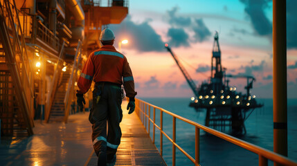 An oil rig worker walks along the platform with an offshore drilling rig in the background during a vibrant sunset.