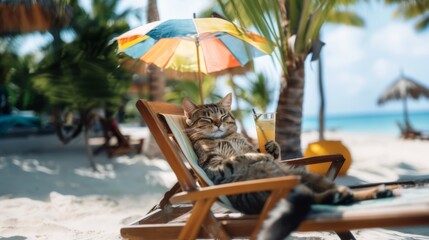 A chill cat enjoys a sunny beach day, relaxing on a chair under a colorful umbrella, with a tropical drink.