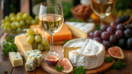 A gourmet cheese board accompanied by a glass of white wine, grapes, and figs on a rustic wooden table.