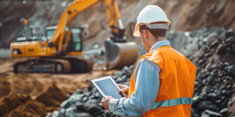 A construction engineer in a reflective vest and hard hat is using a tablet on a construction site with an excavator in the background.