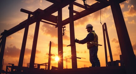Fototapeta premium Construction worker at sunset