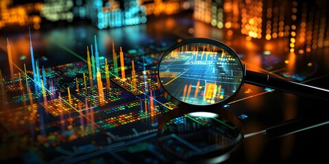 Magnifying glass highlighting industrial data chart symbolizing trend analysis and examination. Concept Data Analysis, Industrial Trends, Examination, Magnifying Glass, Symbolism