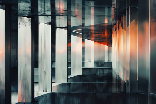 Abstract architectural background with reflections and caustics. Futuristic background image. Created with Generative AI technology.