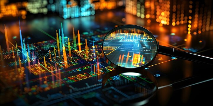 Magnifying glass highlighting industrial data chart symbolizing trend analysis and examination. Concept Data Analysis, Industrial Trends, Examination, Magnifying Glass, Symbolism