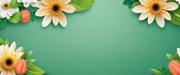 Vibrant and colorful spring background with flowers and copy space for text. Flowers are arranged in a visually appealing manner.