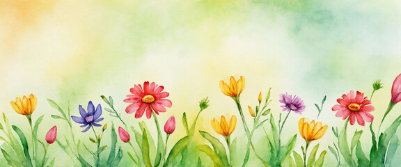 Watercolor illustration background of spring with flowers and copy space for text