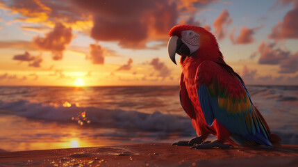 A vibrant scarlet macaw perches on a tropical beach at sunset with the ocean and palm trees in the background.