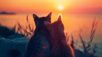 Silhouettes of two cats enjoying a serene sunset, depicting companionship and peaceful end of the day.
