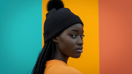 Black Woman Wearing a black Beanie on a colorful background. Mockup template