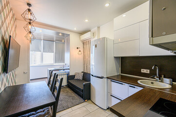 interior kitchen and dining room, refectory area, cooking equipment, table furniture, stove