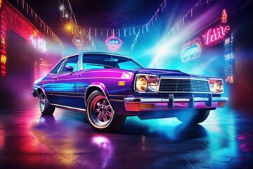 Disco background with vintage cars in neon lights. disco party nightclub
